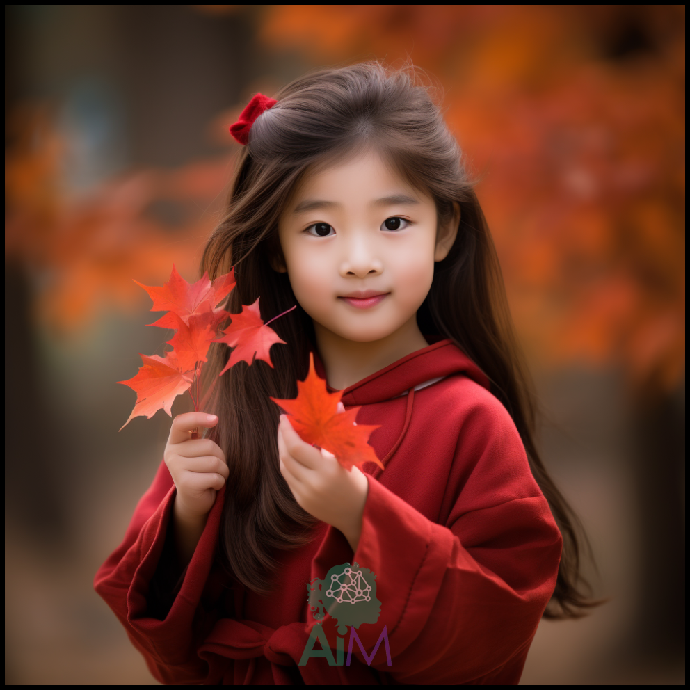 Asian girl holding red Autumn leaf