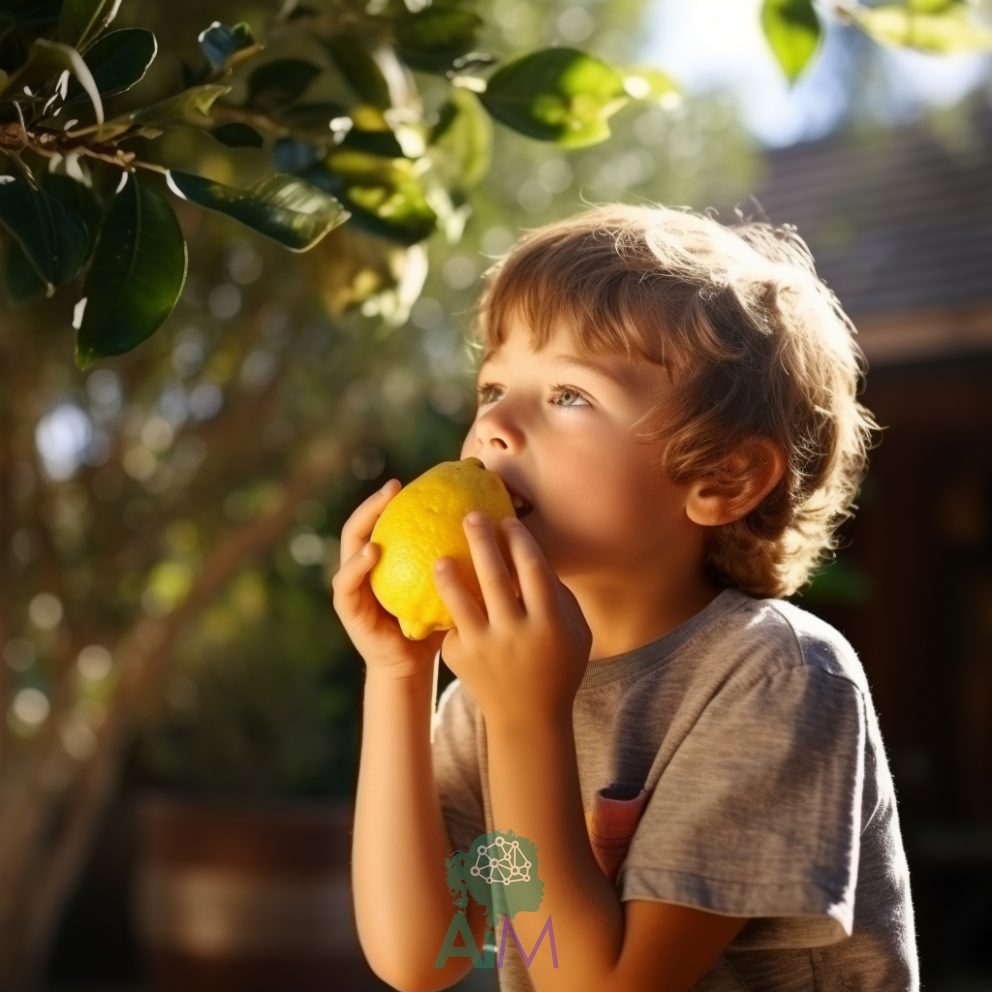 Boy smelling lemon